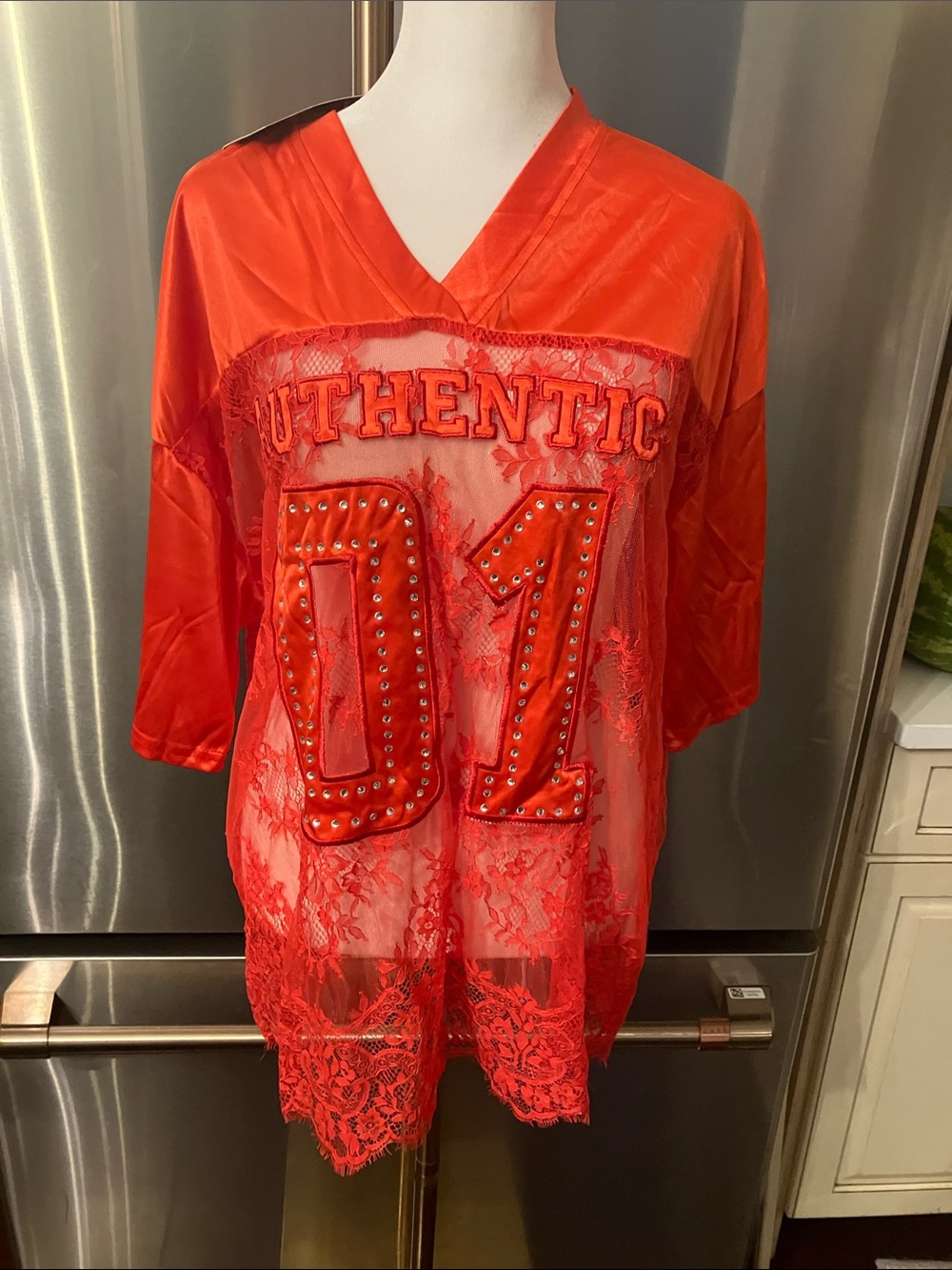 Red 'Authentic 01' Lace-Front Women's Jersey Top